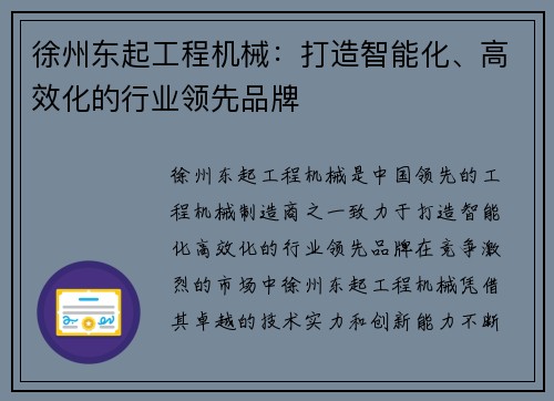 徐州东起工程机械：打造智能化、高效化的行业领先品牌